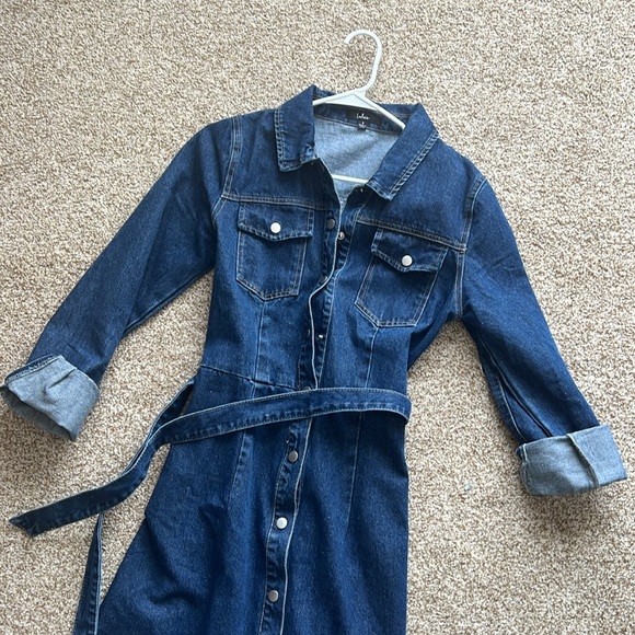 Lulus Dark Wash Denim Long Sleeve Midi Dress - Picture 4 of 5